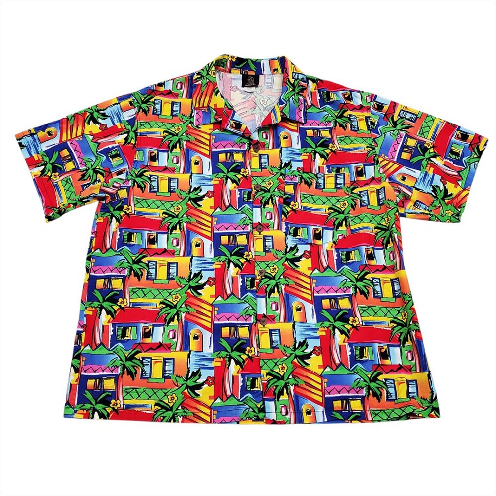 Toucan Dance Fast Lane Mens Hawaiian Button Down Shirt XL Short Sleeve Houses